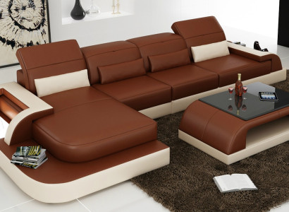Brown L-shape Sofa Couch Upholstery Suite Living landscape Design Corner sofa Leather